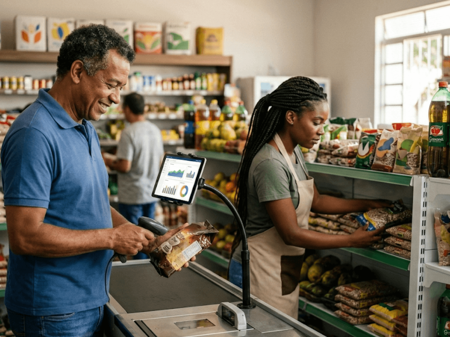 Dono de mercearia conferindo estoque com leitor de código de barras e tablet com gráficos