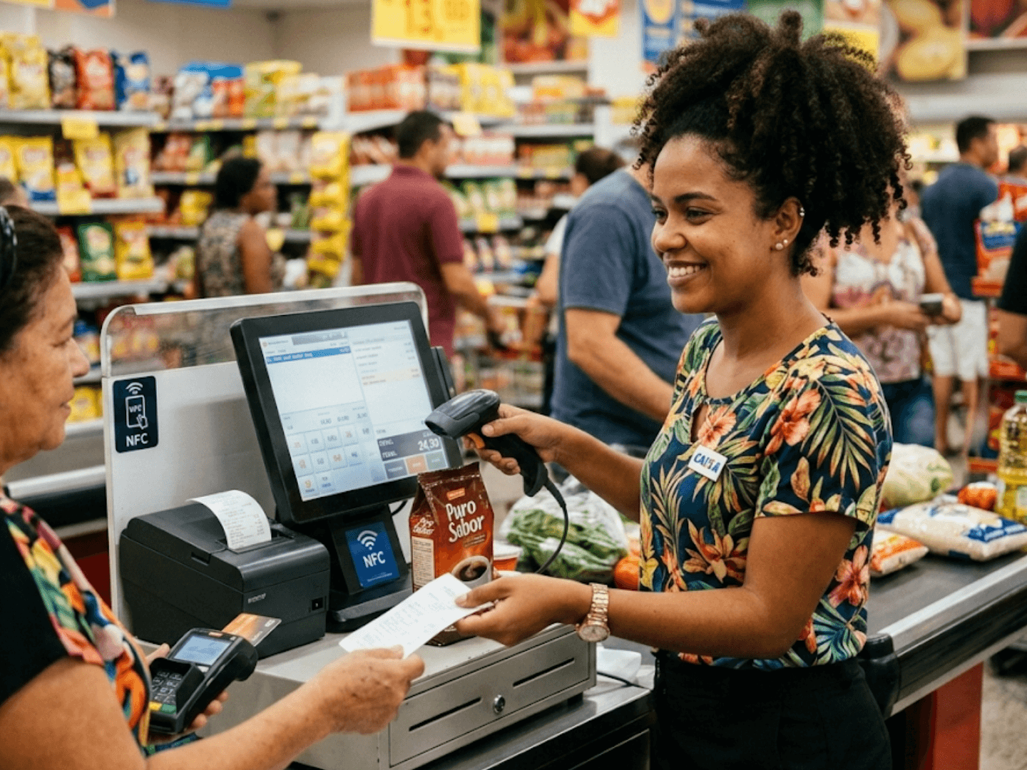 Operadora de caixa registrando venda no sistema PDV com leitor NFC no supermercado
