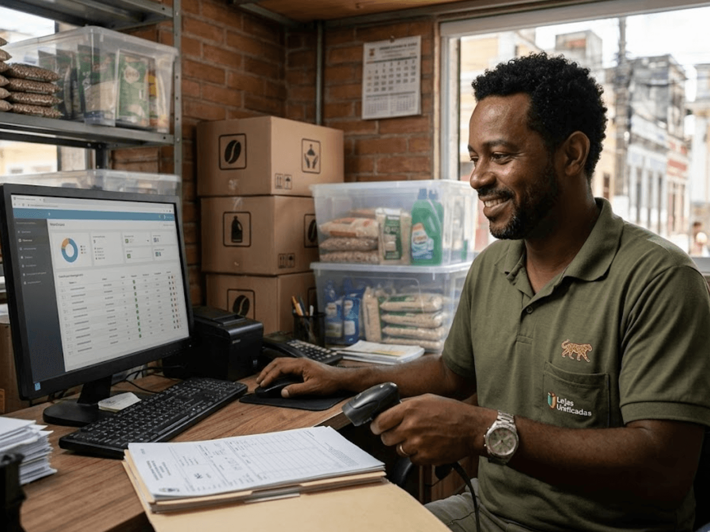 Funcionário dando entrada de mercadoria no computador com leitor de código de barras no depósito