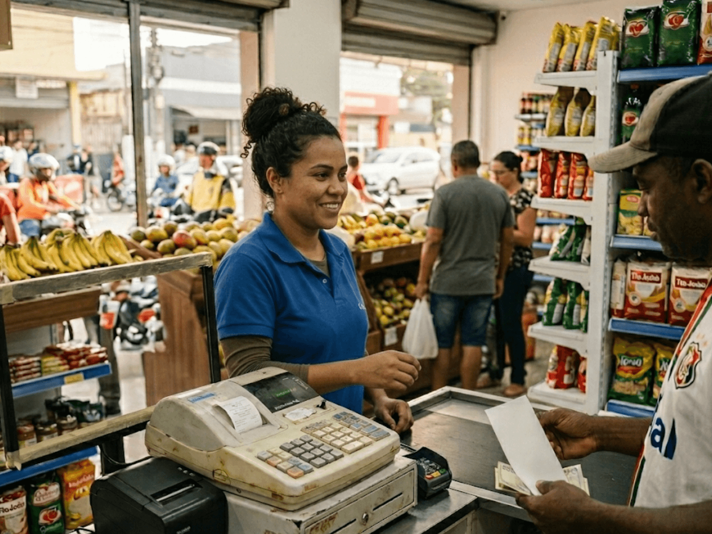Caixa de supermercado finalizando venda com caixa registradora e cupom na mão