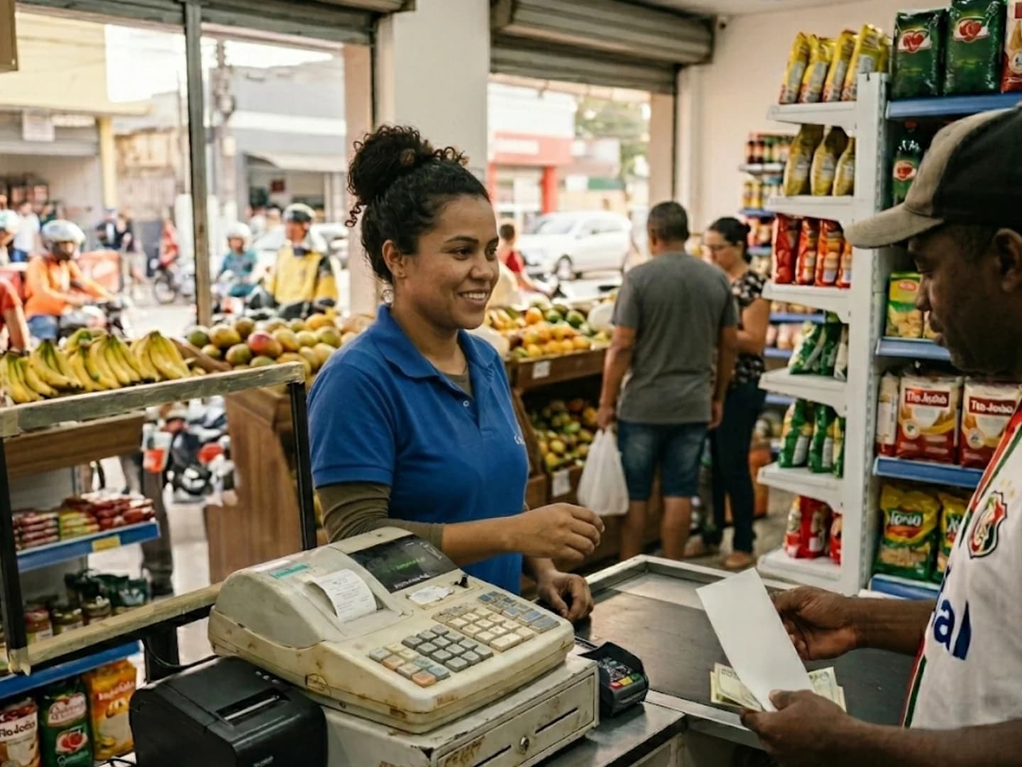 Caixa de supermercado finalizando venda com caixa registradora e cupom na mão