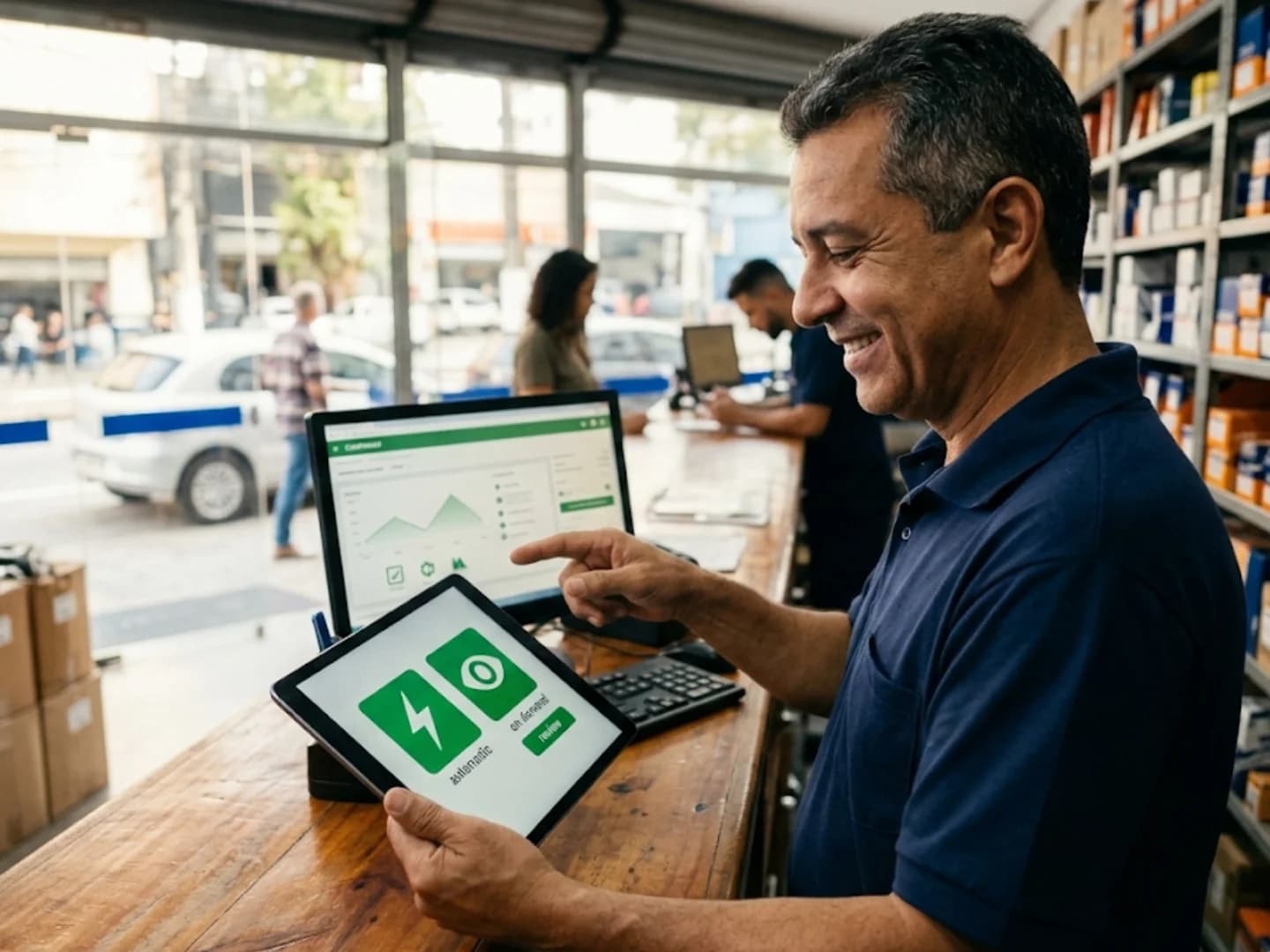 Comerciante utilizando tablet e notebook com sistema de emissão de notas na loja