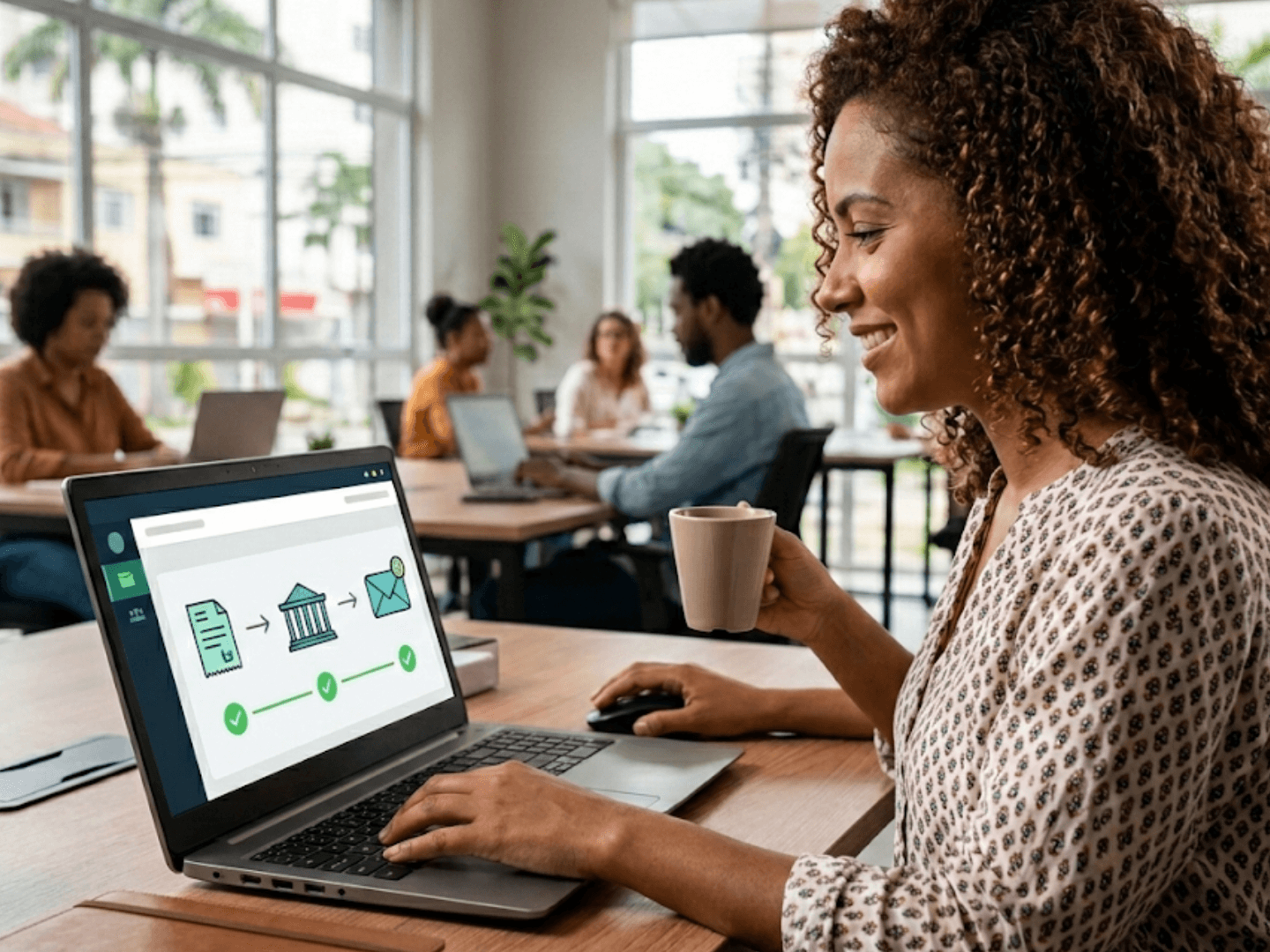 Profissional utilizando notebook com fluxo de emissão de nota fiscal na tela