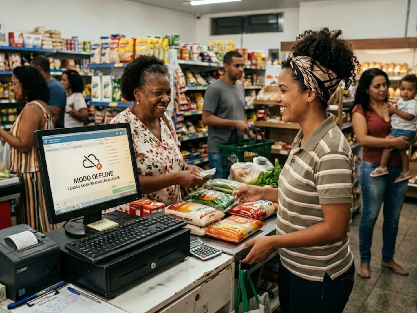 Atendentes no caixa com sistema mostrando modo offline ativo durante venda