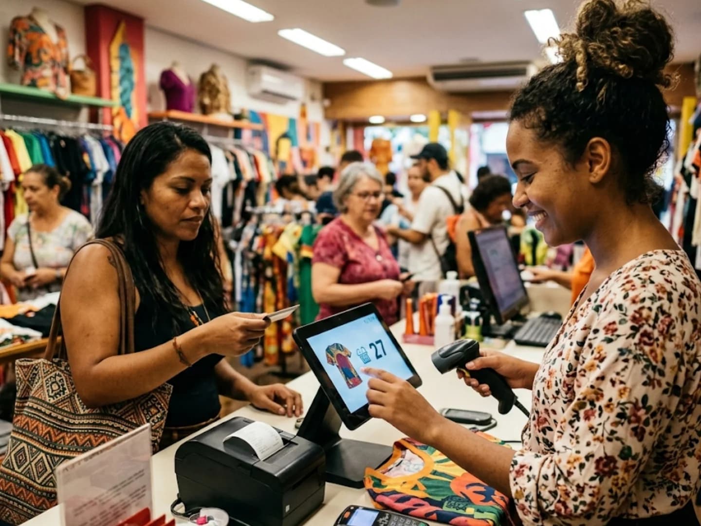 Cliente finalizando compra no PDV com tablet mostrando catálogo de produtos