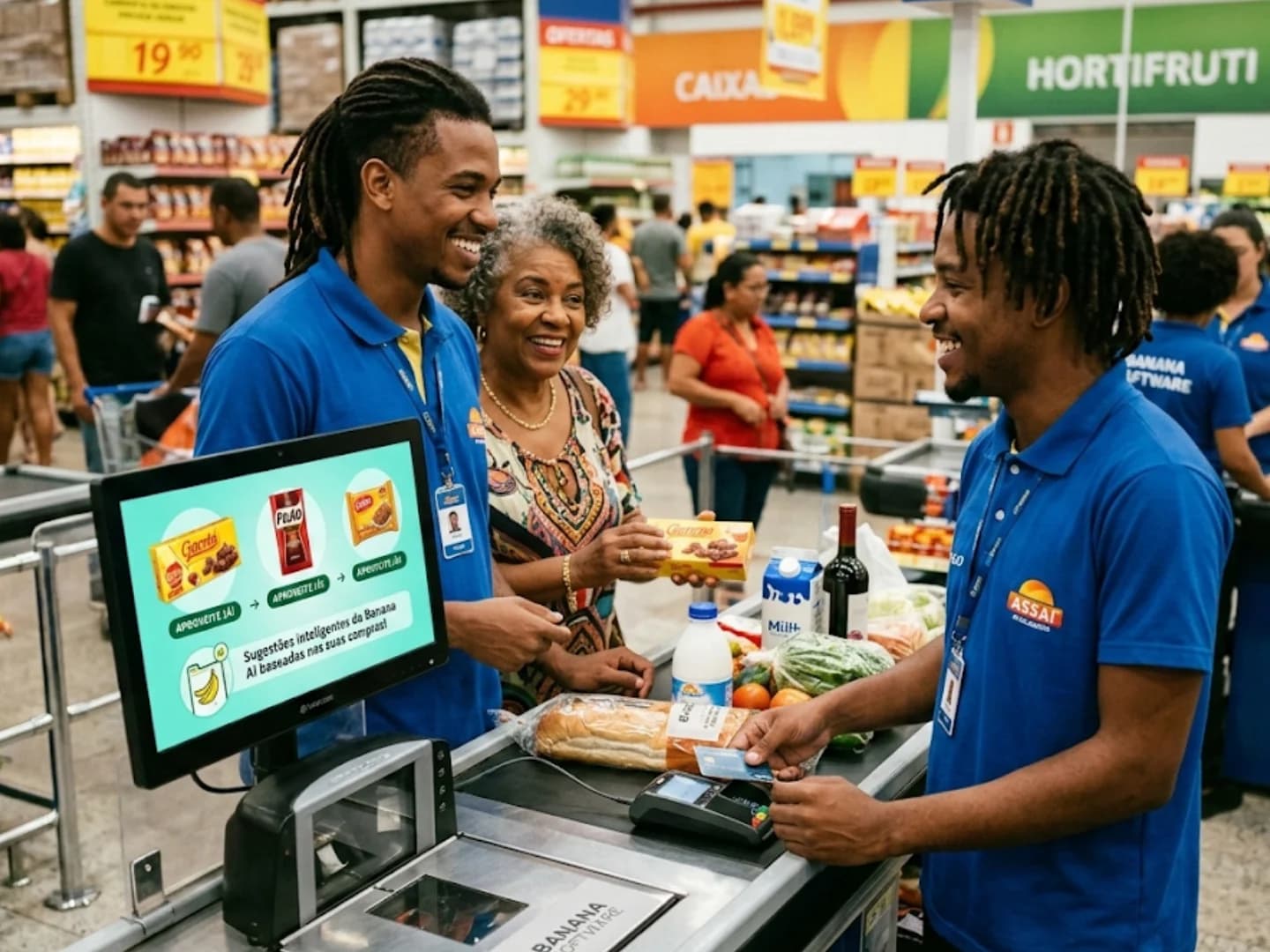 Caixa de supermercado com tela mostrando sugestões inteligentes de produtos