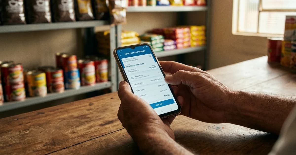 Mãos de empreendedor segurando celular com tela de nota fiscal eletrônica sobre balcão de madeira em mercadinho de bairro