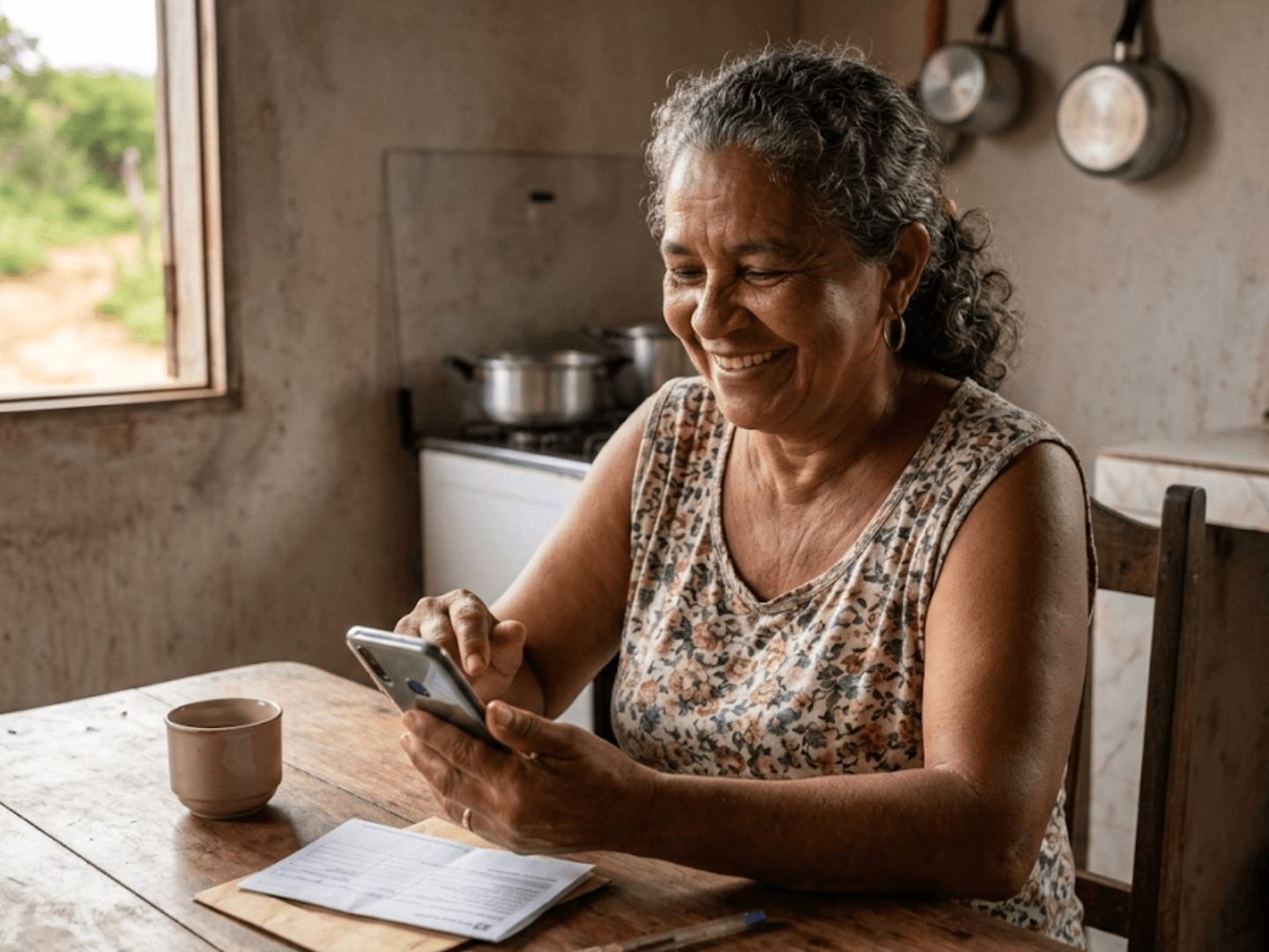 Senhora recebendo notificação de cobrança no celular na cozinha de casa