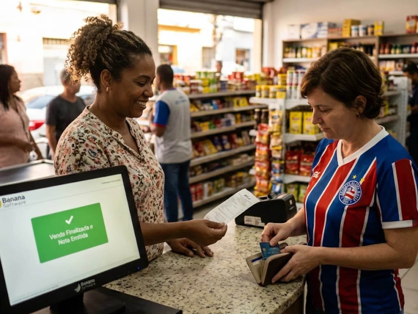 Caixa com tela mostrando venda finalizada e nota emitida, entregando comprovante à cliente