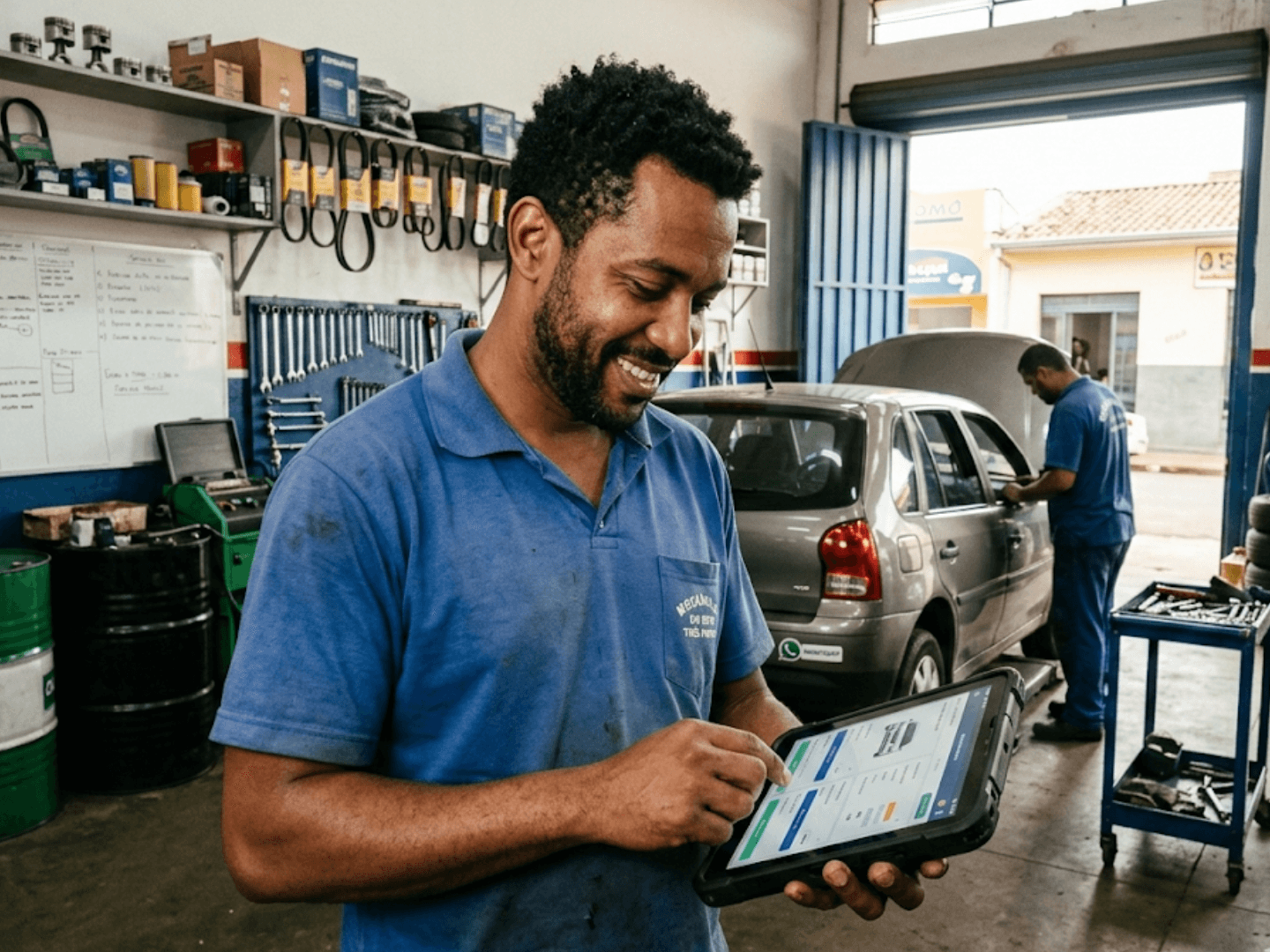 Mecânico utilizando tablet com sistema de ordem de serviço na oficina