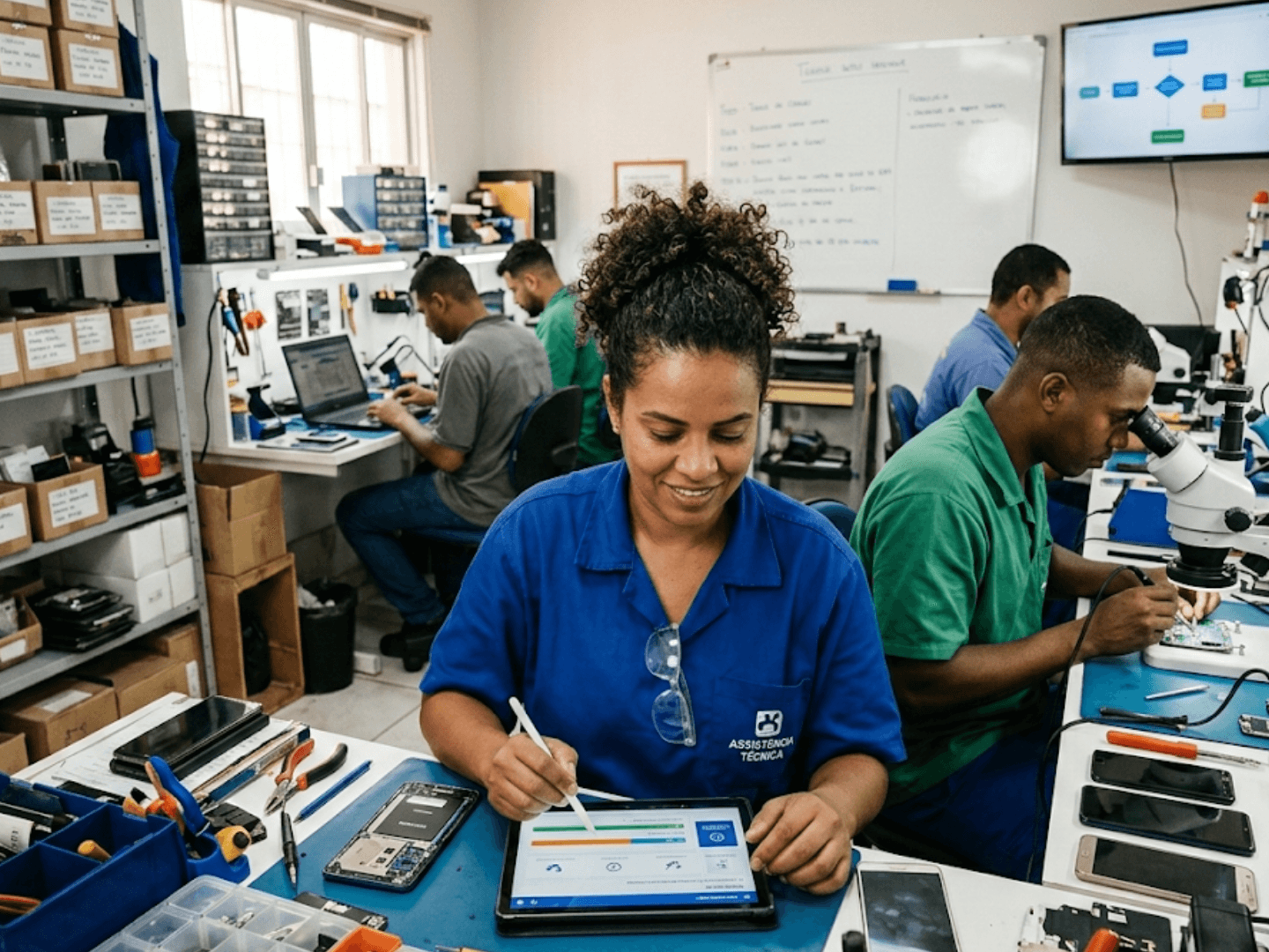 Técnica de assistência técnica atualizando status de reparo no tablet