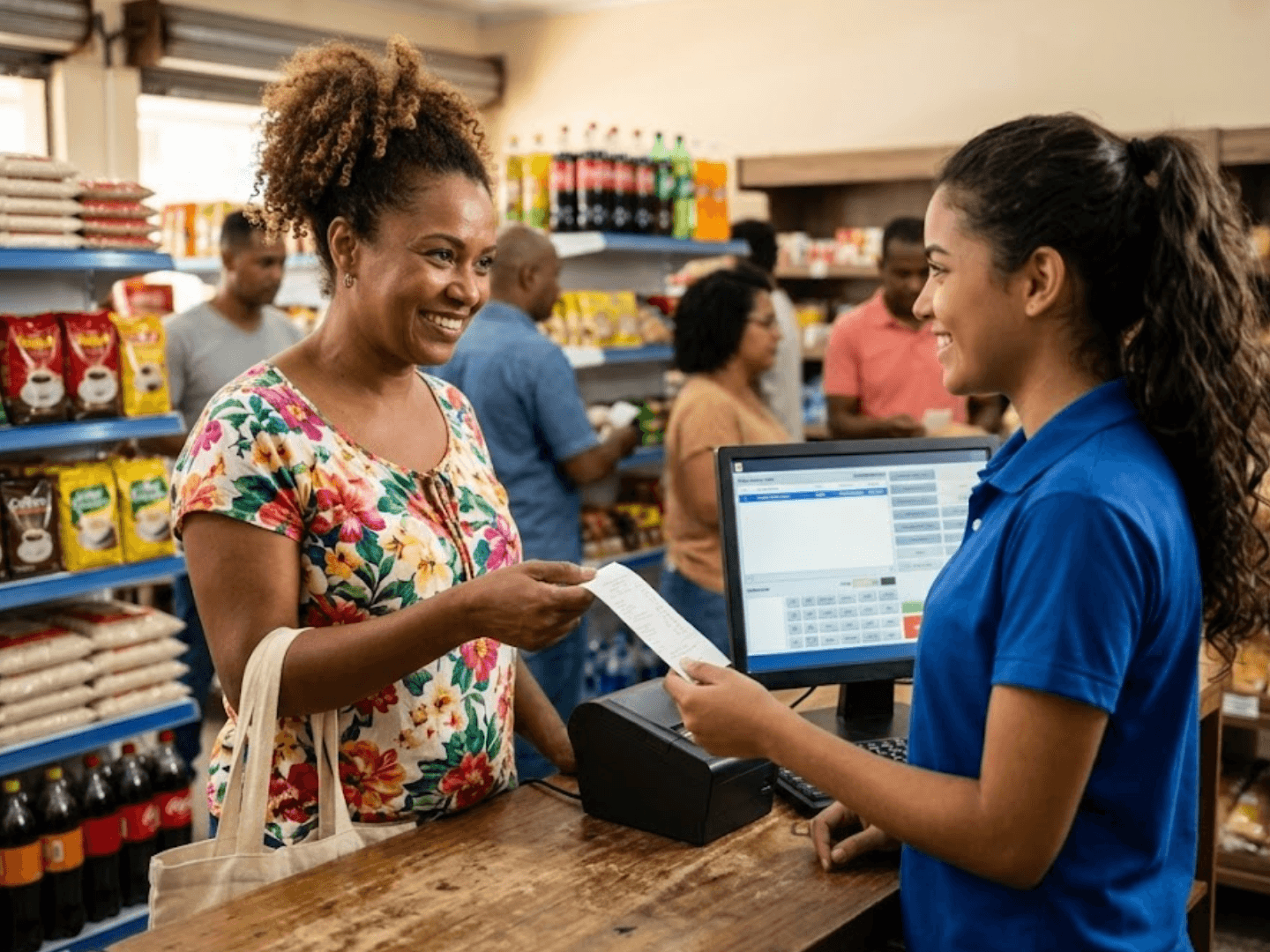 Cliente recebendo cupom fiscal da atendente no balcão da loja