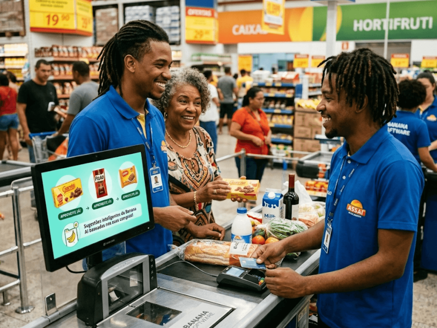 Caixa de supermercado com tela mostrando sugestões inteligentes de produtos